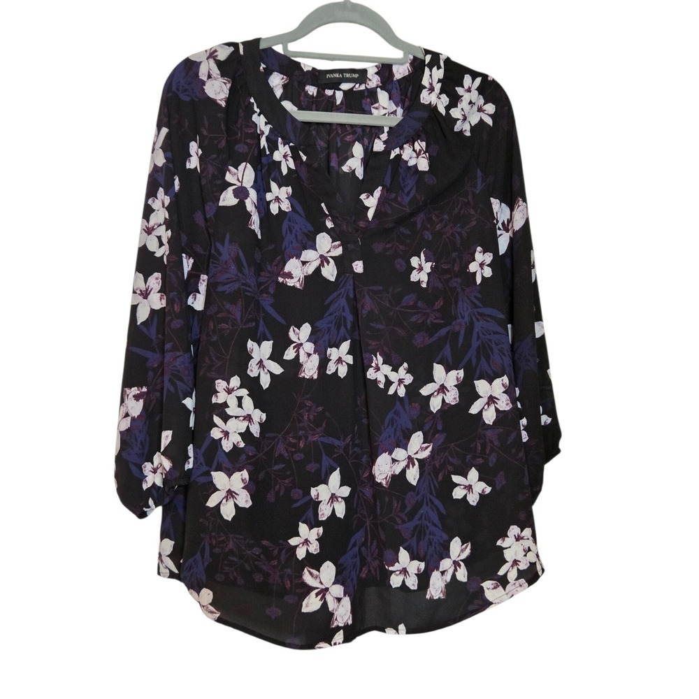 Ivanka Trump Floral Print 3/4 Sleeve Blouse Black Purple White Size L